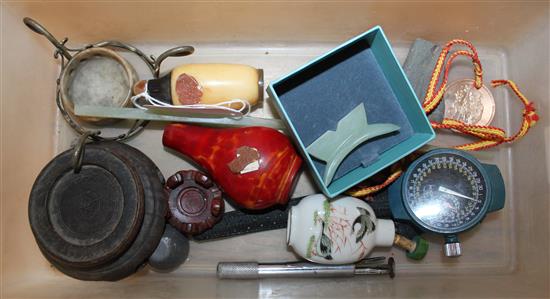 Chinese snuff bottles (3), jade fish knife rest? and 2 small stands etc